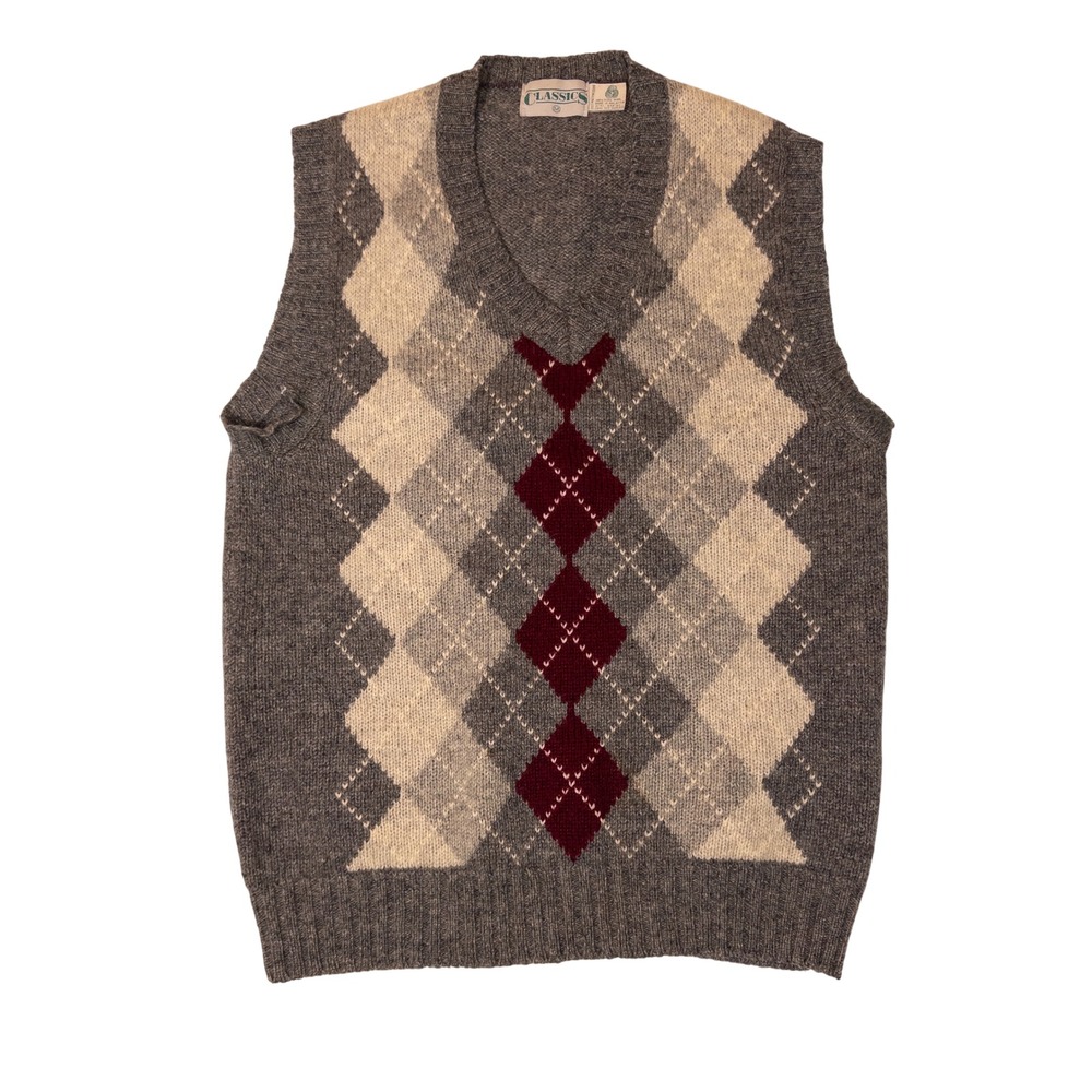 Classics Argyle Sweater Vest Mens Medium Grey Wool V-Neck Knit